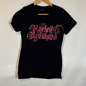 Harley-Davidson Black bedazzled Tee with Pink Script
